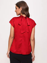 Load image into Gallery viewer, Satin Red Mock Neck Sleeveless Tie Blouse
