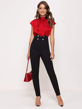 Load image into Gallery viewer, Satin Red Mock Neck Sleeveless Tie Blouse