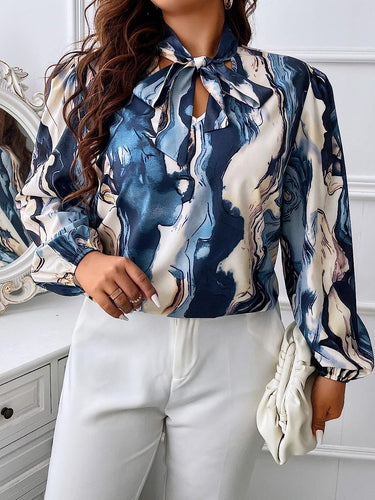 Plus Size Blue Marble Print Tie Front Blouse