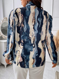 Plus Size Blue Marble Print Tie Front Blouse