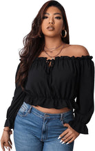 Load image into Gallery viewer, Plus Size Ruffled Black Off Shoulder Long Sleeve Top Blouse