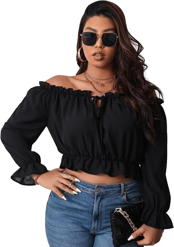 Plus Size Ruffled Black Off Shoulder Long Sleeve Top Blouse