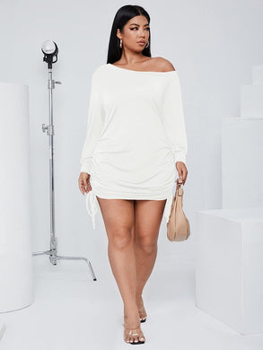 Plus Size White Knit Off Shoulder Long Sleeve Mini Dress