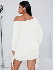 Plus Size White Knit Off Shoulder Long Sleeve Mini Dress