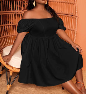Plus Size Off Shoulder Red Puff Sleeve A Line Dress