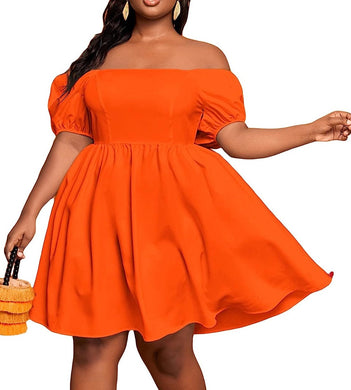 Plus Size Off Shoulder Orange Puff Sleeve A Line Dress