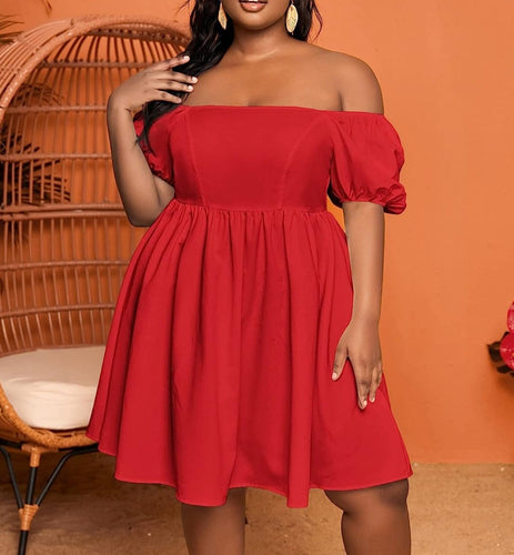 Plus Size Off Shoulder Red Puff Sleeve A Line Dress