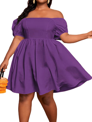 Plus Size Off Shoulder Purple Puff Sleeve A Line Dress