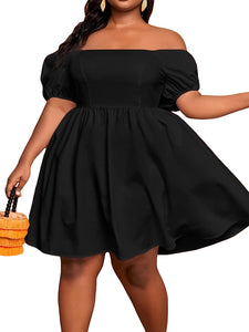 Plus Size Off Shoulder Orange Puff Sleeve A Line Dress