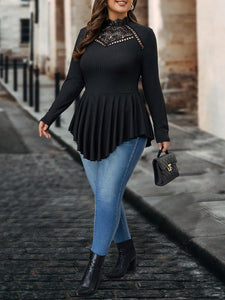 Plus Size Black Lace Peplum Long Sleeve Top