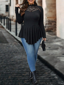 Plus Size Black Lace Peplum Long Sleeve Top