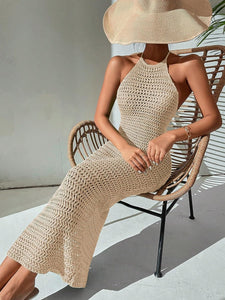 Crochet Knit Beige Backless Beach Style Maxi Dress