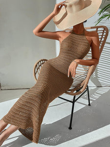 Crochet Knit Beige Backless Beach Style Maxi Dress