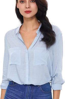 Button Up Hi Lo Blue Long Sleeve Top