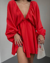 Load image into Gallery viewer, Truffled Red Deep V Lantern Sleeve Mini Dress