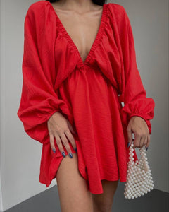 Truffled Red Deep V Lantern Sleeve Mini Dress