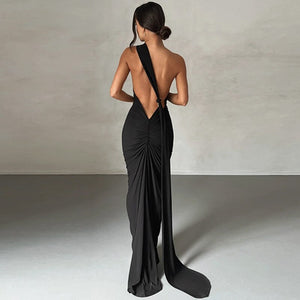 Egyptian Goddess Black Backless Ruched Maxi Dress