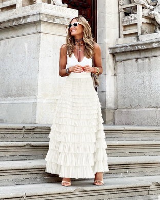 London Chic White Tiered Ruffled High Waist Maxi Skirt