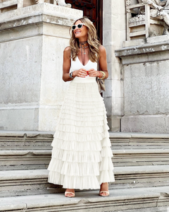 London Chic White Tiered Ruffled High Waist Maxi Skirt