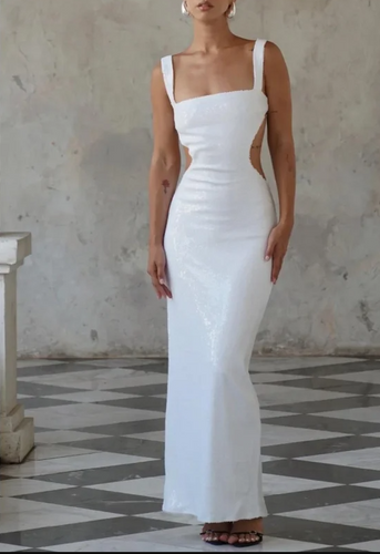 Socialite White Sequin Cut Out Sleeveless Maxi Dress