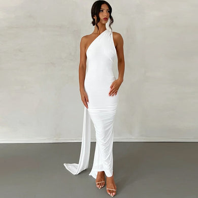 Egyptian Goddess White Backless Ruched Maxi Dress