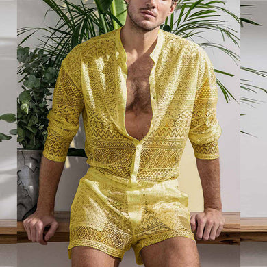 Men's Yellow Hollow Long Sleeve Button Down Shirt & Shorts Set