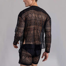 Load image into Gallery viewer, Men&#39;s Black Hollow Long Sleeve Button Down Shirt &amp; Shorts Set