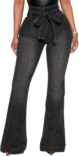 Black Denim High Waist Belted Jeans