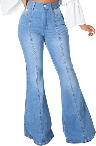 Panel Light Blue Denim High Waist Flared Jeans