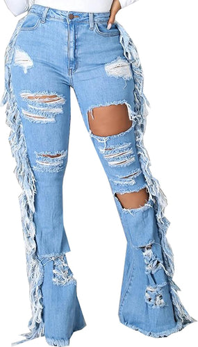 Beautifully Ripped Distressed Fringe Denim Jeans