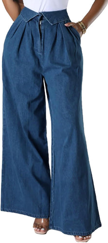 Boho High Waist Blue Denim Pleated Wide Leg Pants