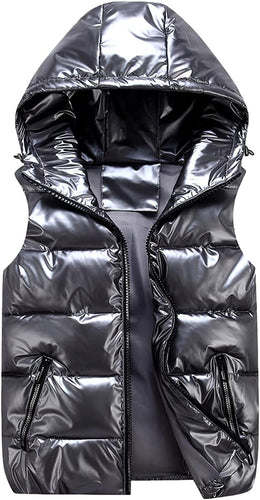 Silver Hooded Metallic Sleeveless Zip Front Vest