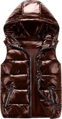 Burgundy Hooded Metallic Sleeveless Zip Front Vest