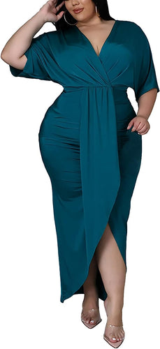 Plus Size Teal Blue Draped V Cut Maxi Dress