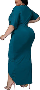 Plus Size Royal Blue Draped V Cut Maxi Dress