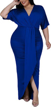 Load image into Gallery viewer, Plus Size Teal Blue Draped V Cut Maxi Dress