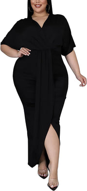 Plus Size Black Draped V Cut Maxi Dress