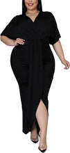 Load image into Gallery viewer, Plus Size Wine Red Draped V Cut Maxi Dress