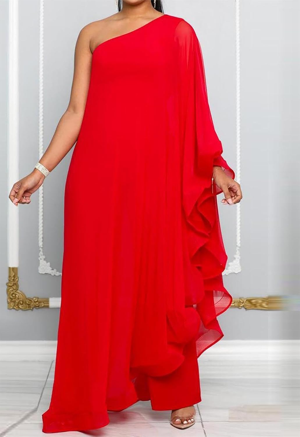 Beautiful Ruffled Red Asymmetrical One Shoulder Jumpsuit