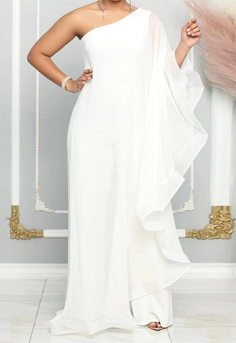 Beautiful Ruffled White Asymmetrical One Shoulder Jumpsuit