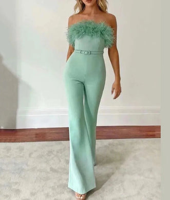 Milan Sage Green Feathered Strapless Belted Designer Style Jumpsuit
