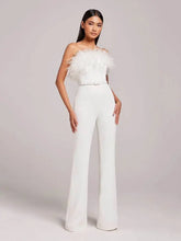 Load image into Gallery viewer, Milan White Feathered Strapless Belted Designer Style Jumpsuit