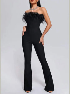 Milan White Feathered Strapless Belted Designer Style Jumpsuit