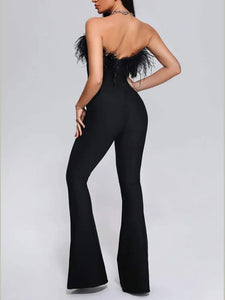Milan Black Feathered Strapless Belted Designer Style Jumpsuit