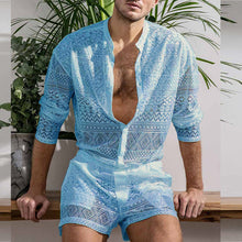 Load image into Gallery viewer, Men&#39;s Blue Hollow Long Sleeve Button Down Shirt &amp; Shorts Set