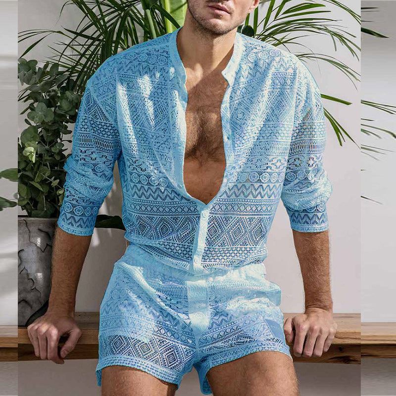 Men's Blue Hollow Long Sleeve Button Down Shirt & Shorts Set