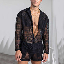 Load image into Gallery viewer, Men&#39;s Yellow Hollow Long Sleeve Button Down Shirt &amp; Shorts Set