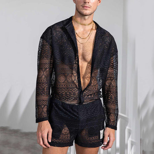 Men's Black Hollow Long Sleeve Button Down Shirt & Shorts Set