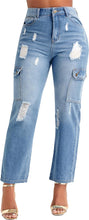 Load image into Gallery viewer, Cropped Trendy Blue Denim High Waist Cargo Style Pants