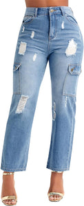 Cropped Trendy Blue Denim High Waist Cargo Style Pants